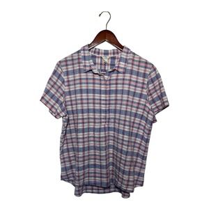 L.L.Bean 100% Cotton Plaid Short Sleeve Button Front Shirt Blue Red Womens Large